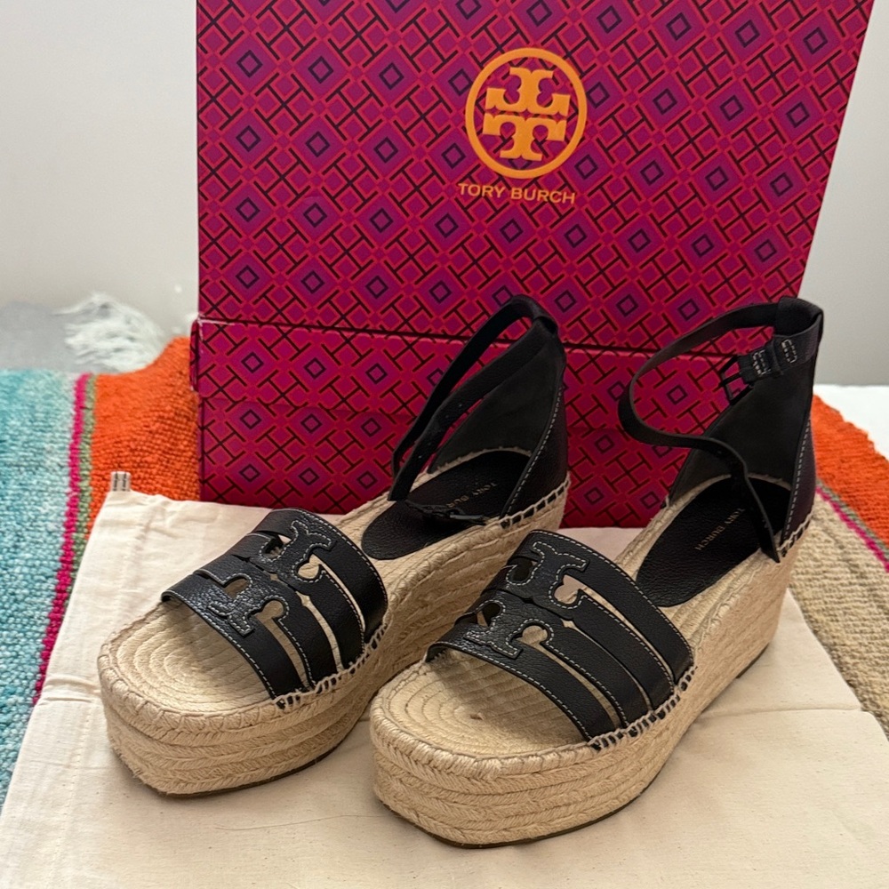 Tory Burch Black and Tan Ines Wedge Espadrille Sandals